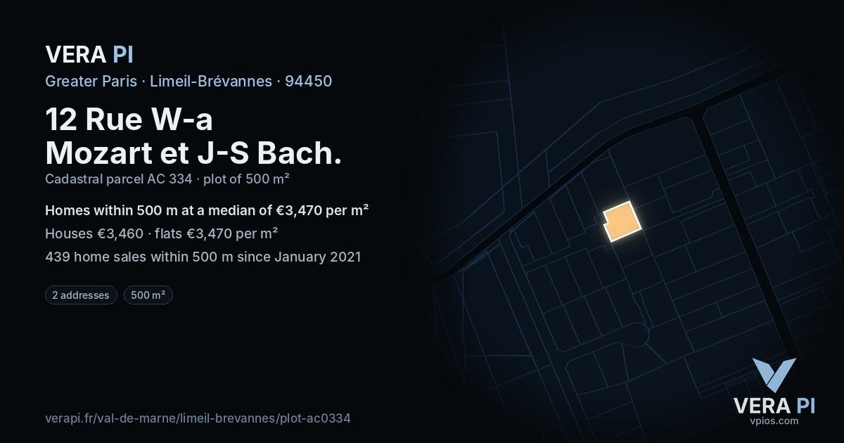 12 Rue W-a Mozart et J-S Bach, Limeil-Brévannes at night – the plot lit, the parcels around coloured by the prices near them