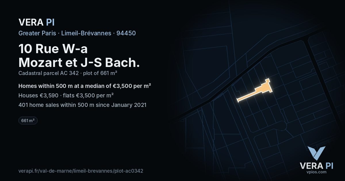 10 Rue W-a Mozart et J-S Bach, Limeil-Brévannes at night – the plot lit, the parcels around coloured by the prices near them