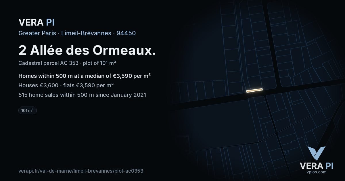 2 Allée des Ormeaux, Limeil-Brévannes at night – the plot lit, the parcels around coloured by the prices near them