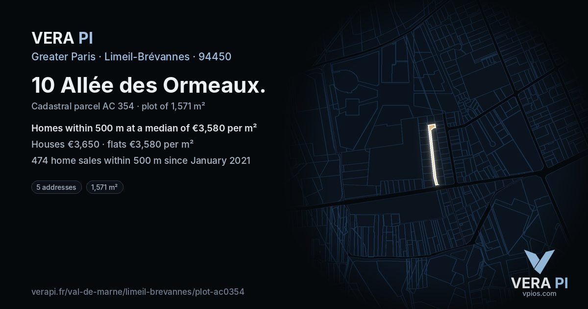 10 Allée des Ormeaux, Limeil-Brévannes at night – the plot lit, the parcels around coloured by the prices near them