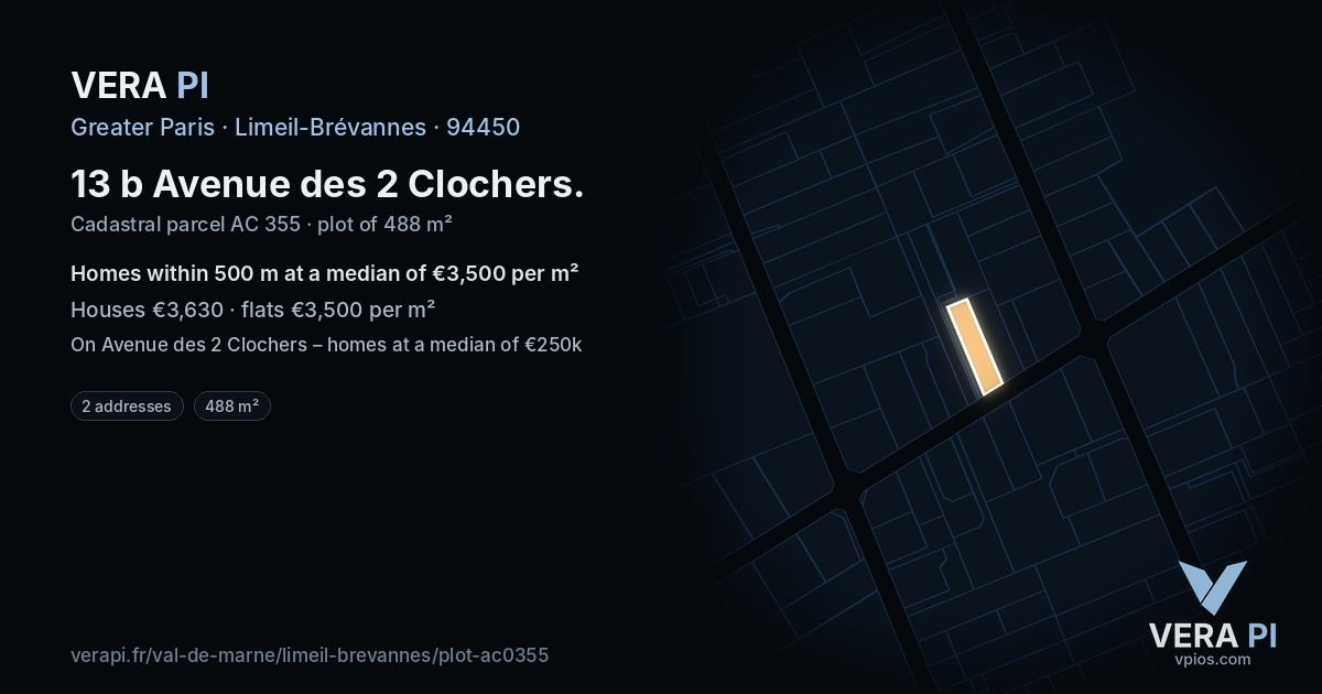 13 b Avenue des 2 Clochers, Limeil-Brévannes at night – the plot lit, the parcels around coloured by the prices near them
