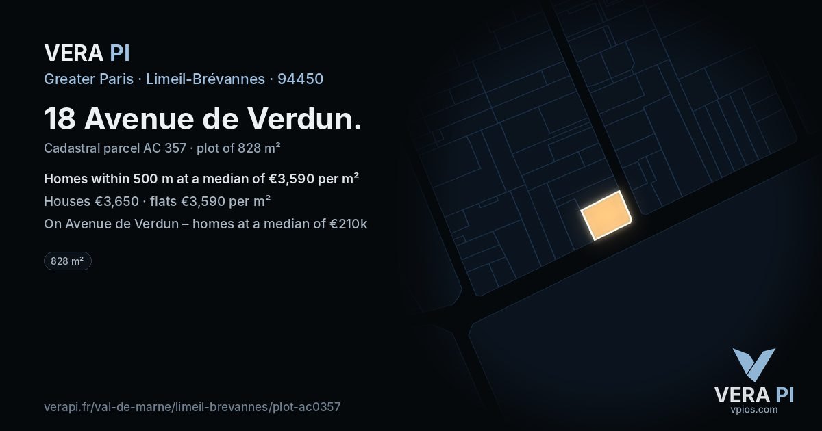18 Avenue de Verdun, Limeil-Brévannes at night – the plot lit, the parcels around coloured by the prices near them