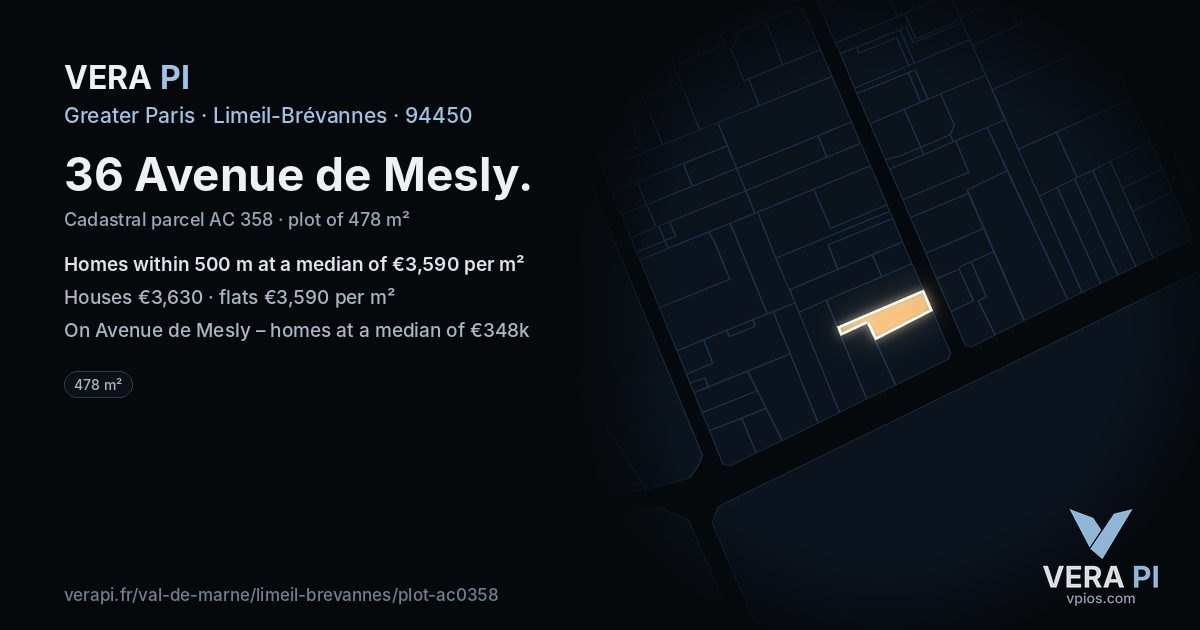 36 Avenue de Mesly, Limeil-Brévannes at night – the plot lit, the parcels around coloured by the prices near them