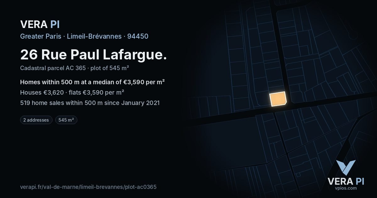 26 Rue Paul Lafargue, Limeil-Brévannes at night – the plot lit, the parcels around coloured by the prices near them