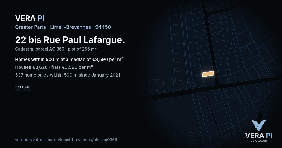 22 bis Rue Paul Lafargue, Limeil-Brévannes at night – the plot lit, the parcels around coloured by the prices near them