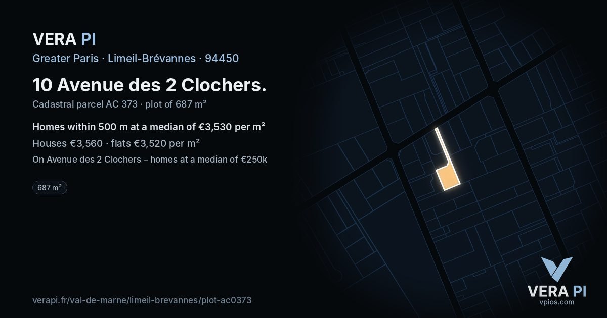 10 Avenue des 2 Clochers, Limeil-Brévannes at night – the plot lit, the parcels around coloured by the prices near them