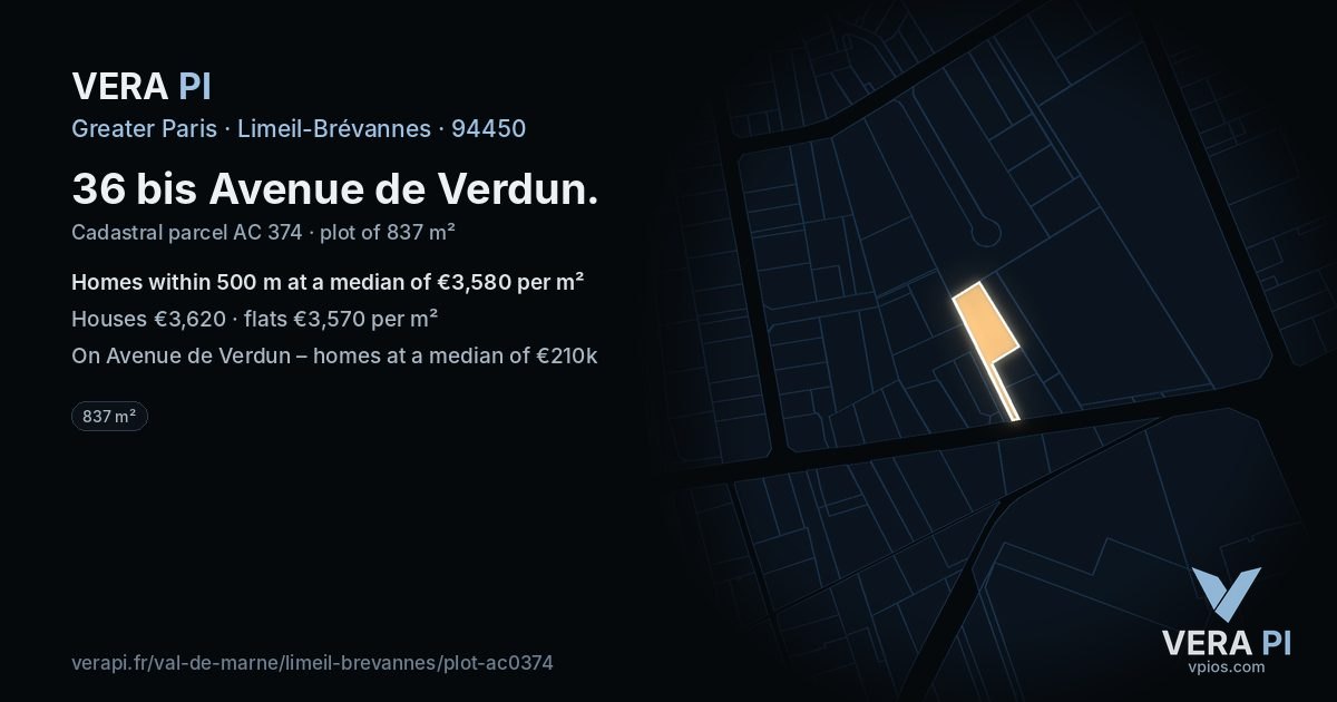 36 bis Avenue de Verdun, Limeil-Brévannes at night – the plot lit, the parcels around coloured by the prices near them