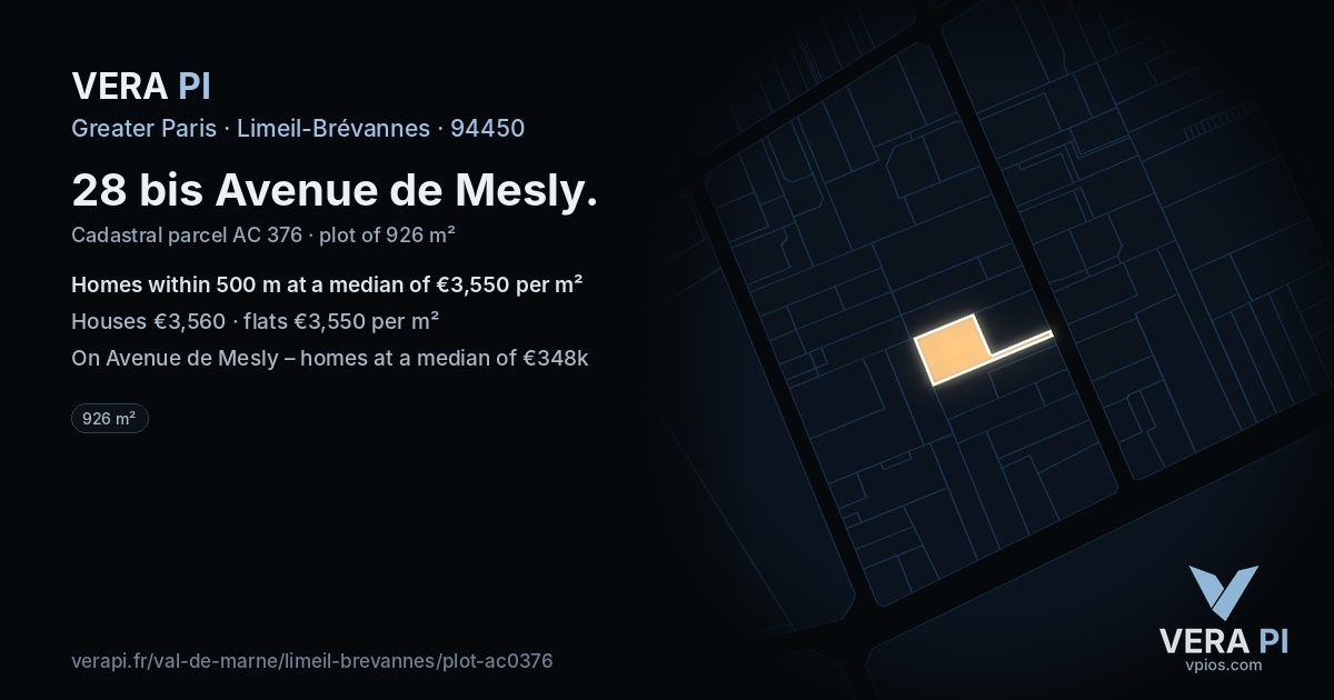 28 bis Avenue de Mesly, Limeil-Brévannes at night – the plot lit, the parcels around coloured by the prices near them