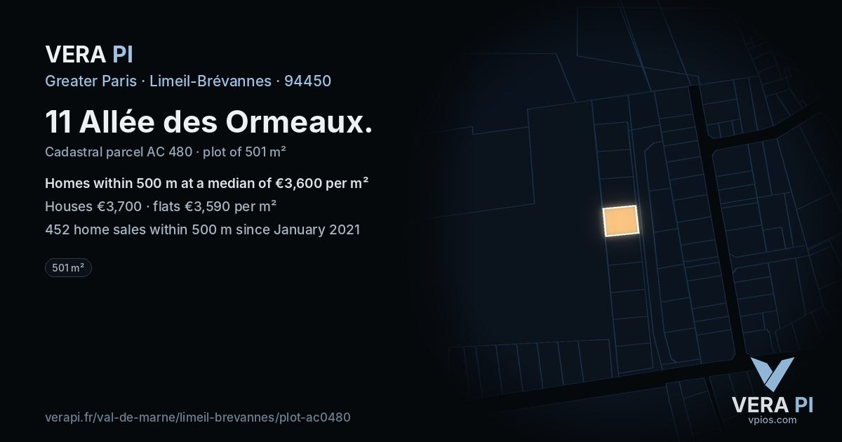 11 Allée des Ormeaux, Limeil-Brévannes at night – the plot lit, the parcels around coloured by the prices near them