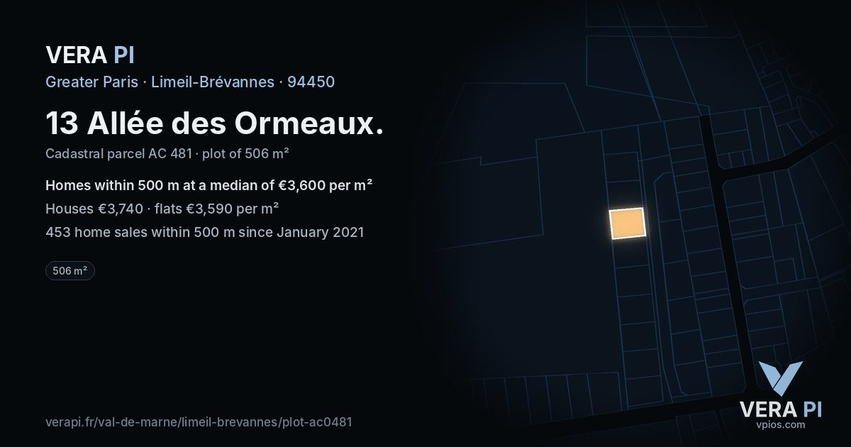 13 Allée des Ormeaux, Limeil-Brévannes at night – the plot lit, the parcels around coloured by the prices near them