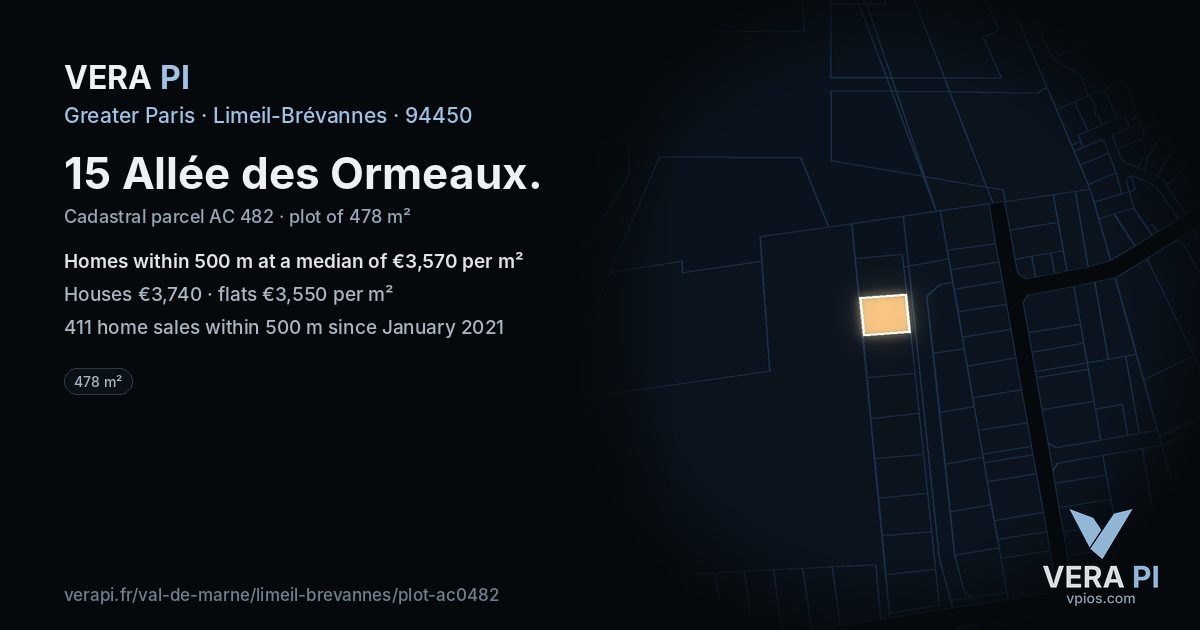 15 Allée des Ormeaux, Limeil-Brévannes at night – the plot lit, the parcels around coloured by the prices near them