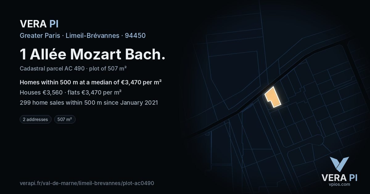 1 Allée Mozart Bach, Limeil-Brévannes at night – the plot lit, the parcels around coloured by the prices near them