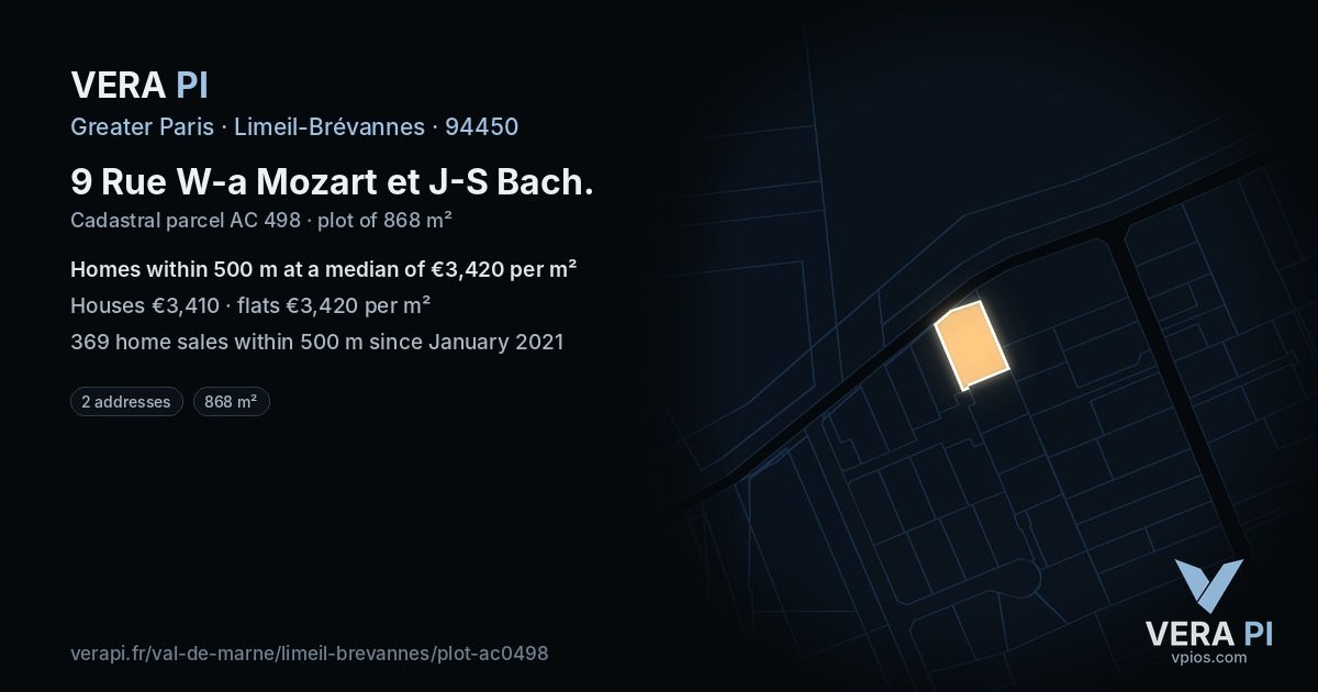 9 Rue W-a Mozart et J-S Bach, Limeil-Brévannes at night – the plot lit, the parcels around coloured by the prices near them