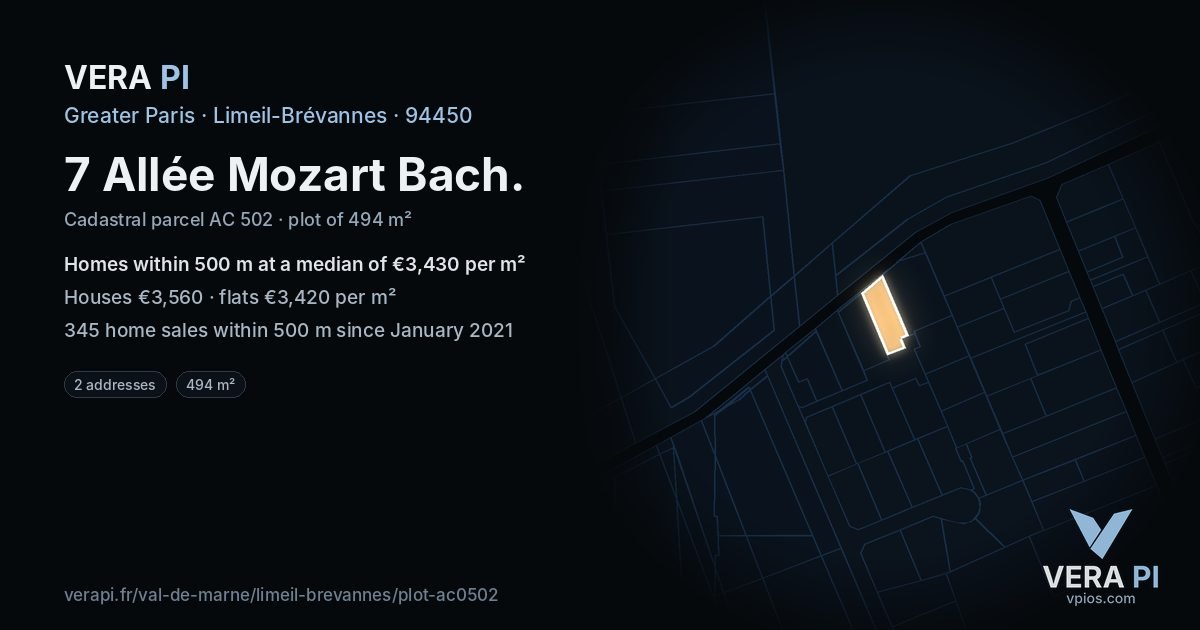 7 Allée Mozart Bach, Limeil-Brévannes at night – the plot lit, the parcels around coloured by the prices near them