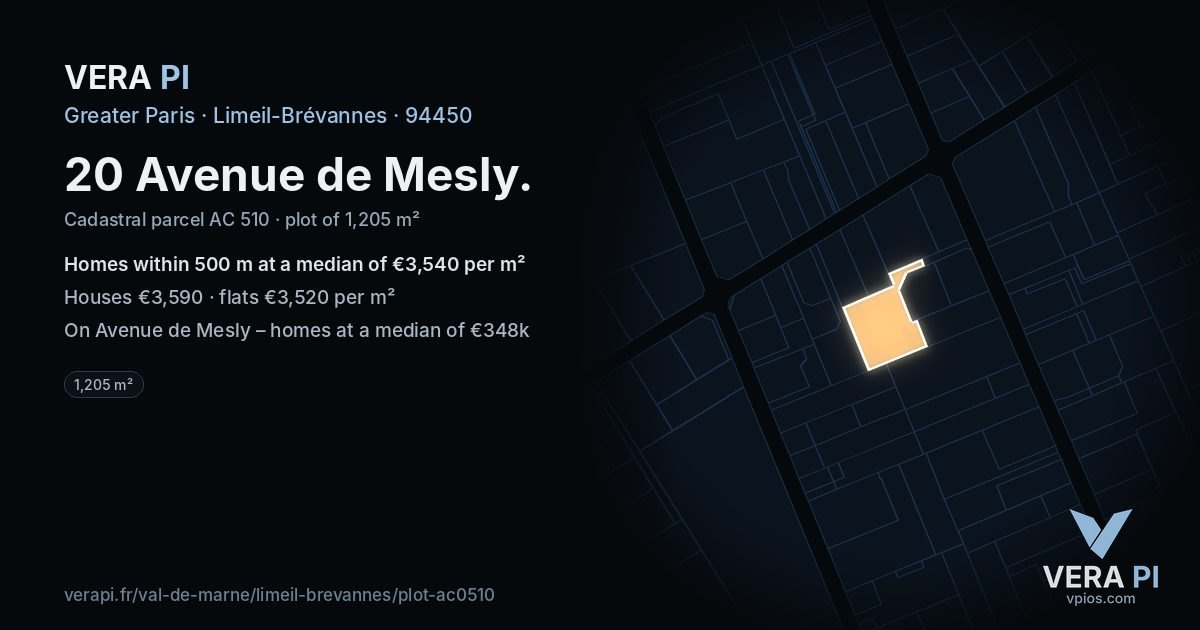 20 Avenue de Mesly, Limeil-Brévannes at night – the plot lit, the parcels around coloured by the prices near them