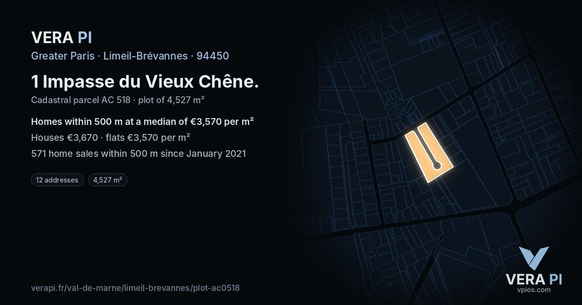 1 Impasse du Vieux Chêne, Limeil-Brévannes at night – the plot lit, the parcels around coloured by the prices near them