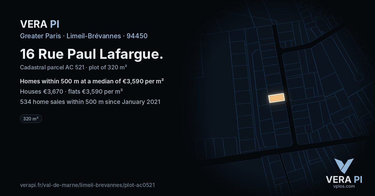 16 Rue Paul Lafargue, Limeil-Brévannes at night – the plot lit, the parcels around coloured by the prices near them