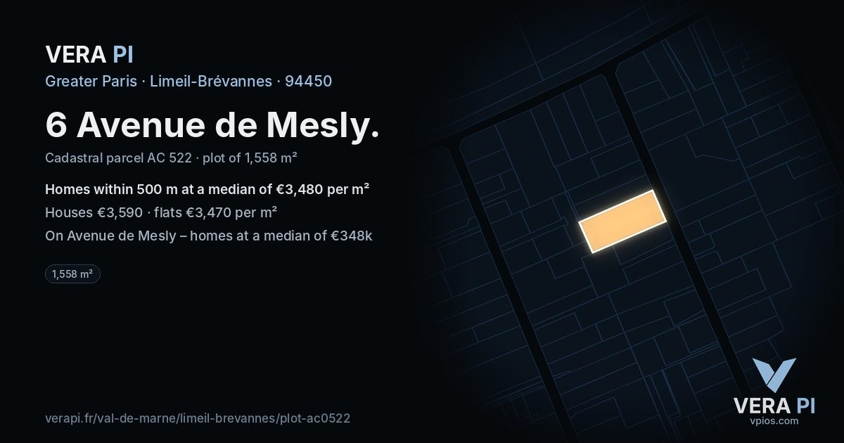 6 Avenue de Mesly, Limeil-Brévannes at night – the plot lit, the parcels around coloured by the prices near them