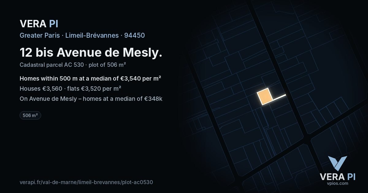 12 bis Avenue de Mesly, Limeil-Brévannes at night – the plot lit, the parcels around coloured by the prices near them