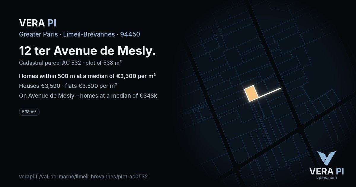 12 ter Avenue de Mesly, Limeil-Brévannes at night – the plot lit, the parcels around coloured by the prices near them