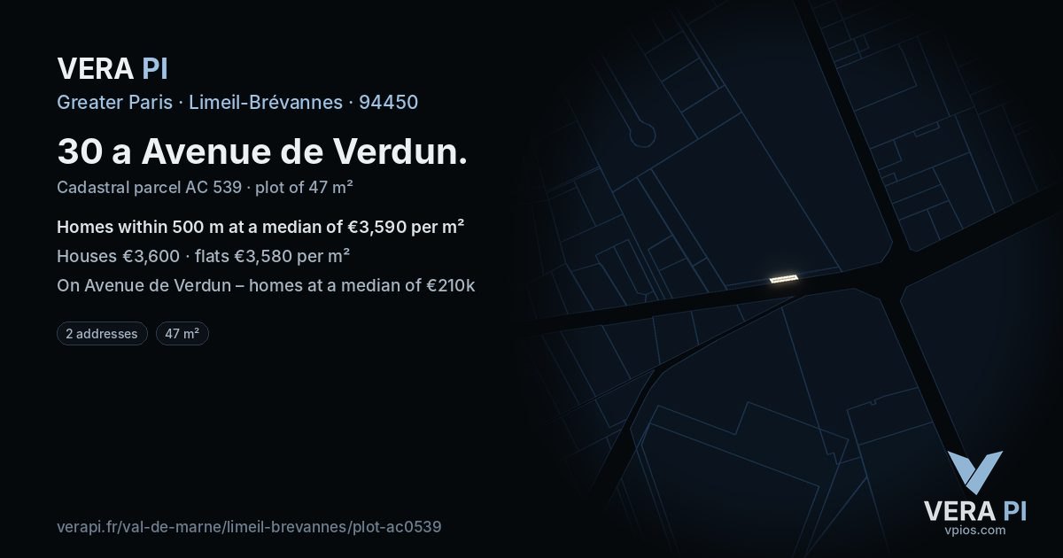 30 a Avenue de Verdun, Limeil-Brévannes at night – the plot lit, the parcels around coloured by the prices near them