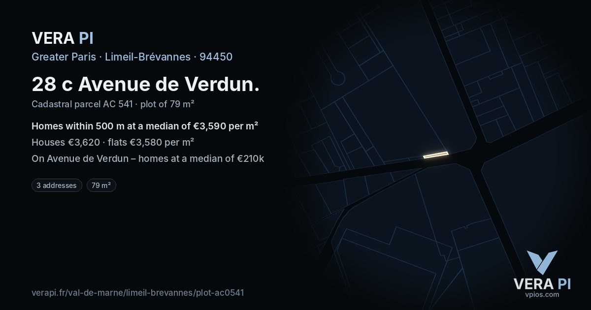 28 c Avenue de Verdun, Limeil-Brévannes at night – the plot lit, the parcels around coloured by the prices near them