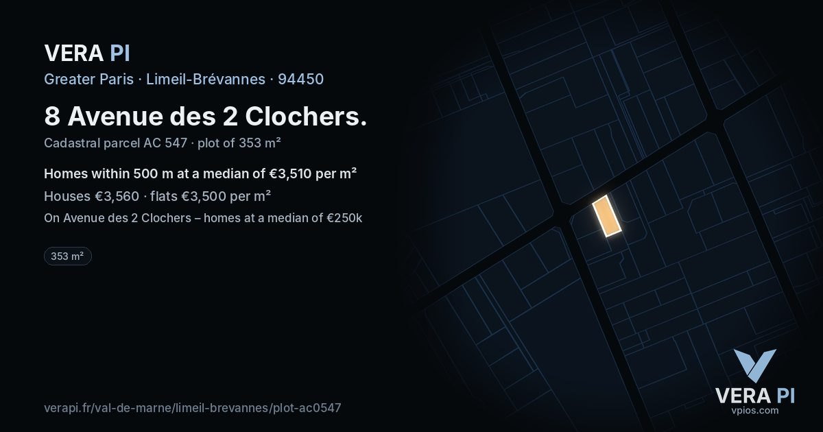 8 Avenue des 2 Clochers, Limeil-Brévannes at night – the plot lit, the parcels around coloured by the prices near them