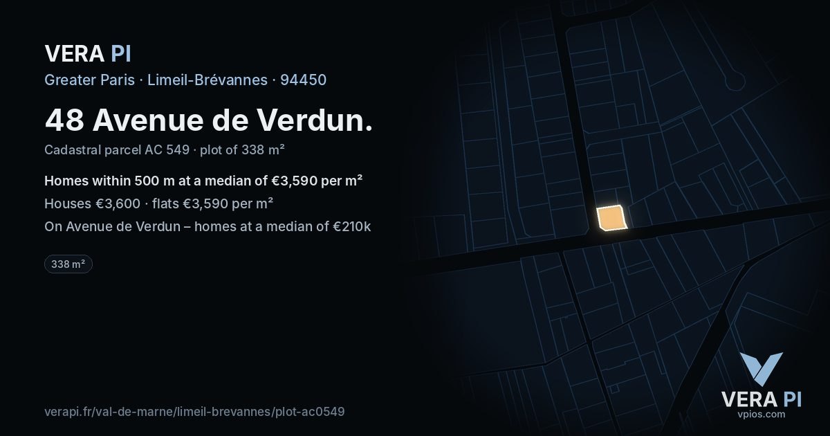 48 Avenue de Verdun, Limeil-Brévannes at night – the plot lit, the parcels around coloured by the prices near them