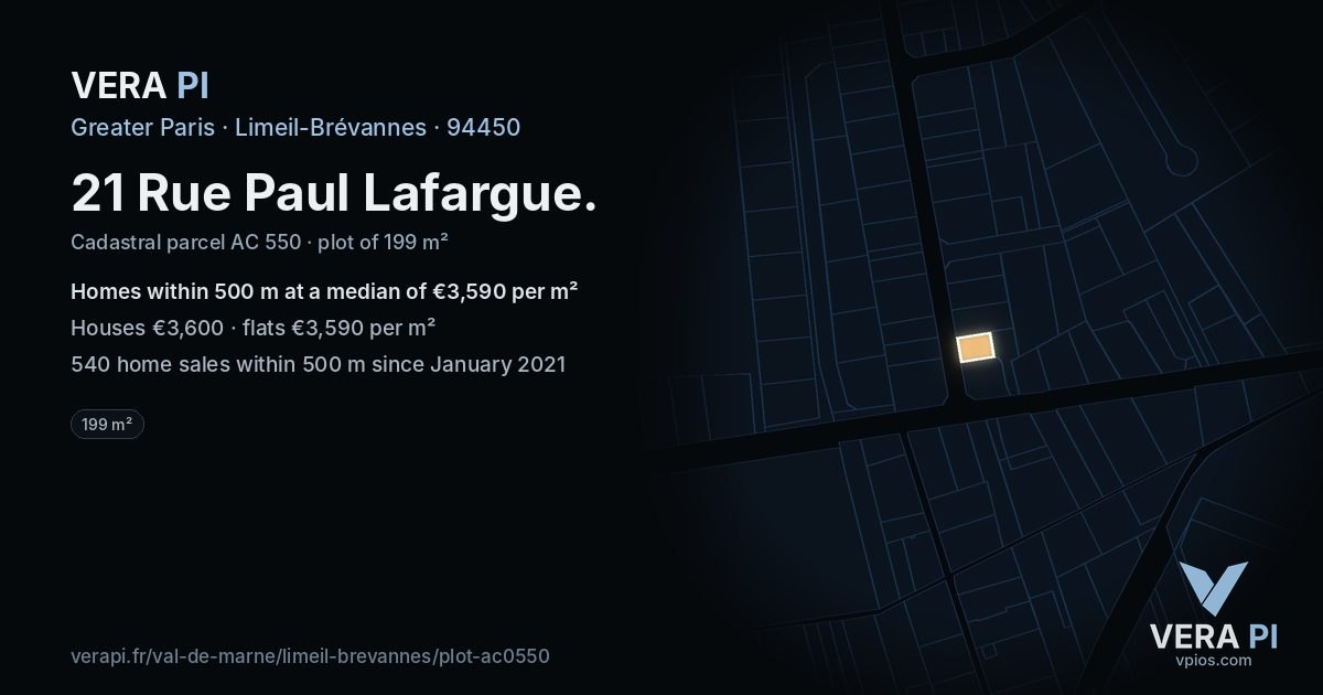 21 Rue Paul Lafargue, Limeil-Brévannes at night – the plot lit, the parcels around coloured by the prices near them