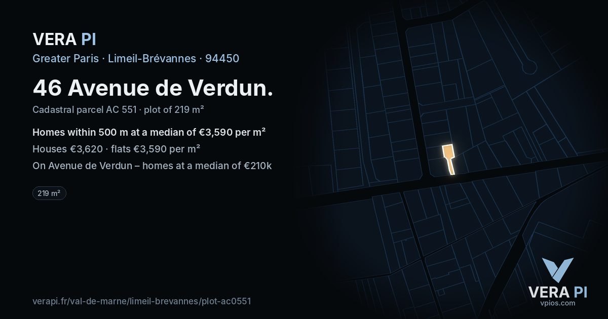 46 Avenue de Verdun, Limeil-Brévannes at night – the plot lit, the parcels around coloured by the prices near them