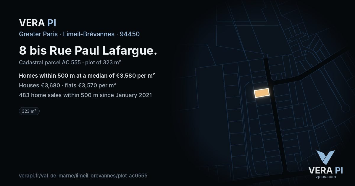 8 bis Rue Paul Lafargue, Limeil-Brévannes at night – the plot lit, the parcels around coloured by the prices near them