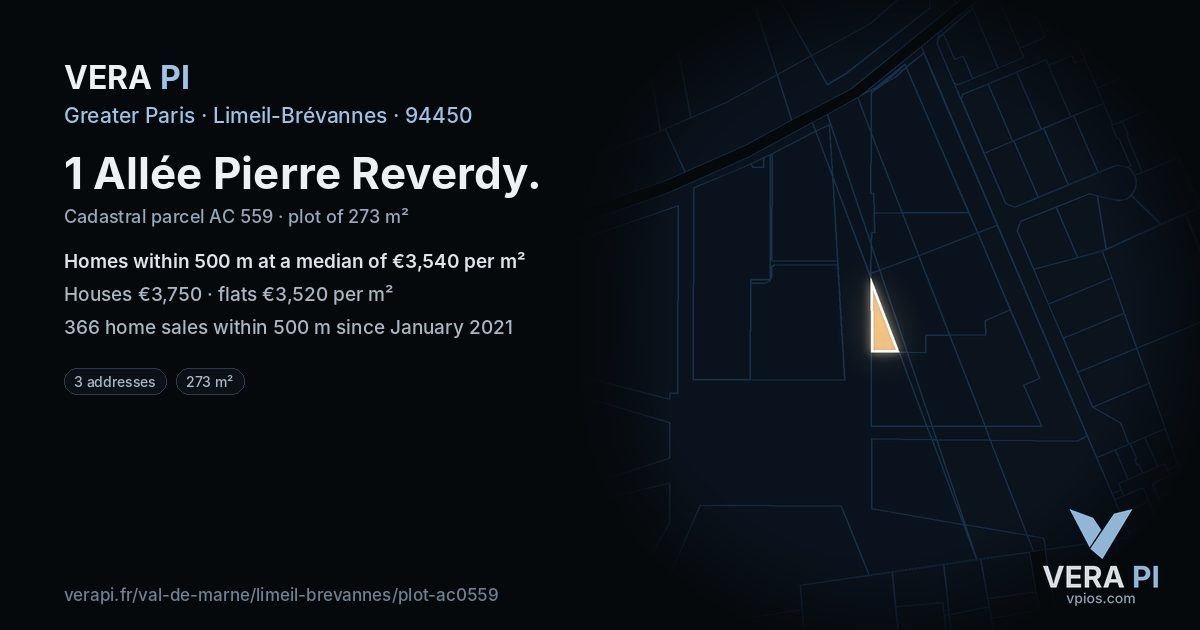 1 Allée Pierre Reverdy, Limeil-Brévannes at night – the plot lit, the parcels around coloured by the prices near them