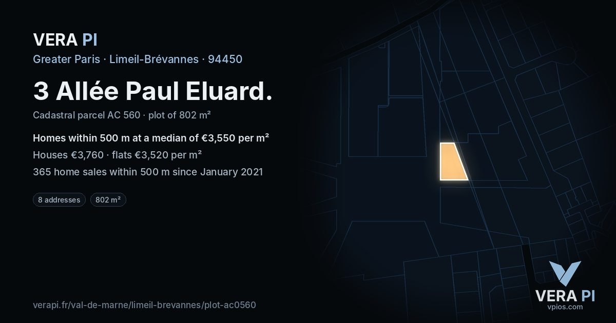 3 Allée Paul Eluard, Limeil-Brévannes at night – the plot lit, the parcels around coloured by the prices near them