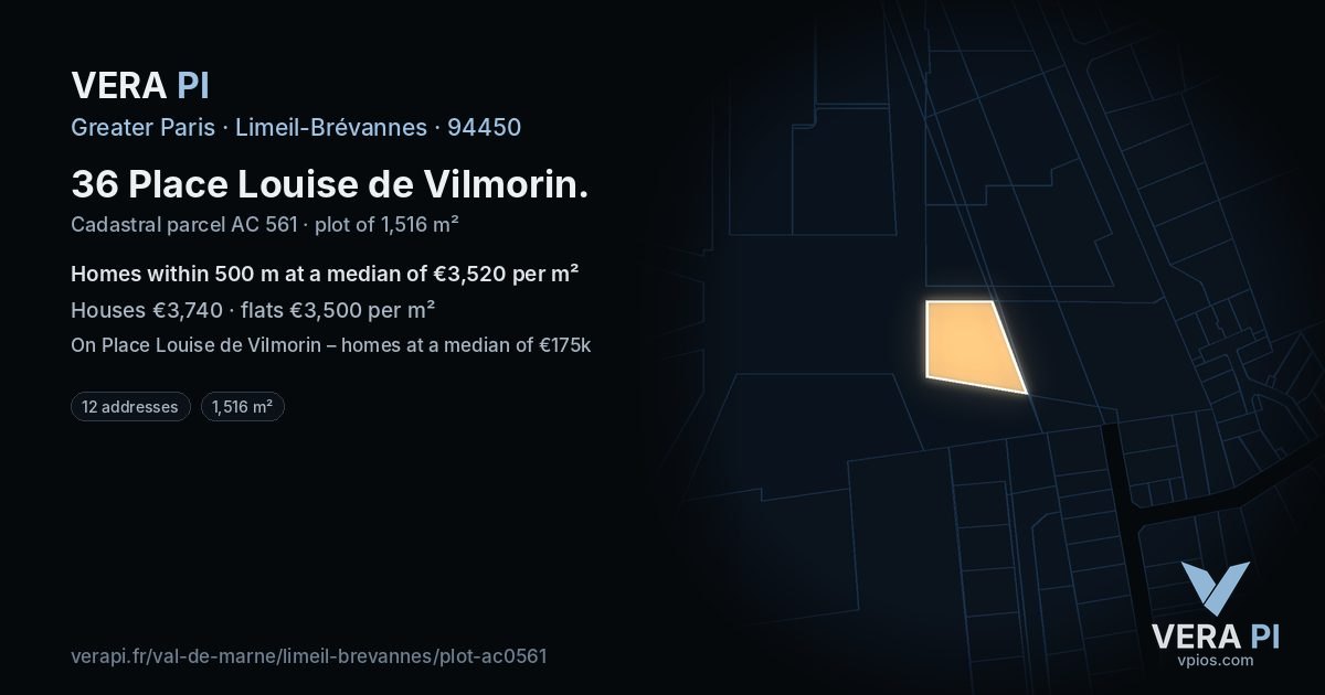 36 Place Louise de Vilmorin, Limeil-Brévannes at night – the plot lit, the parcels around coloured by the prices near them