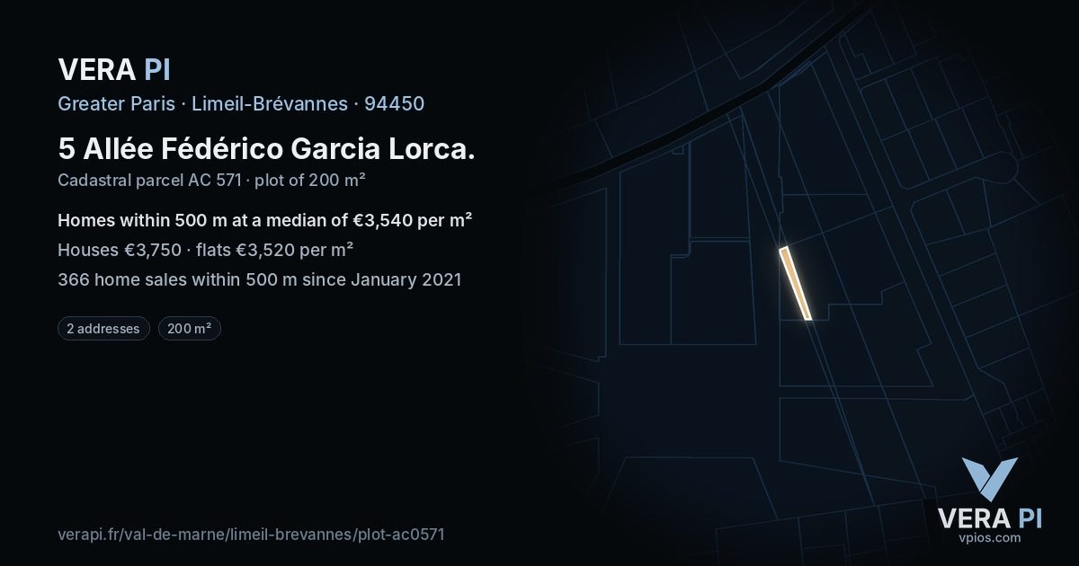 5 Allée Fédérico Garcia Lorca, Limeil-Brévannes at night – the plot lit, the parcels around coloured by the prices near them