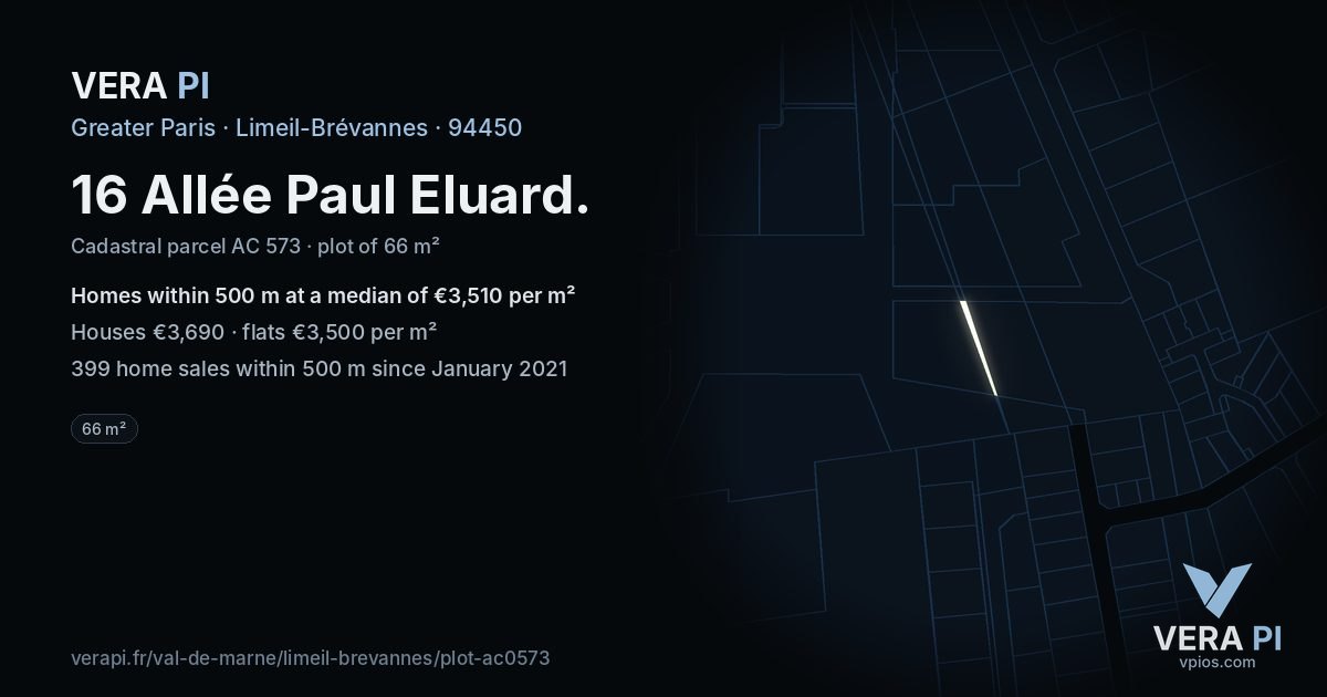 16 Allée Paul Eluard, Limeil-Brévannes at night – the plot lit, the parcels around coloured by the prices near them