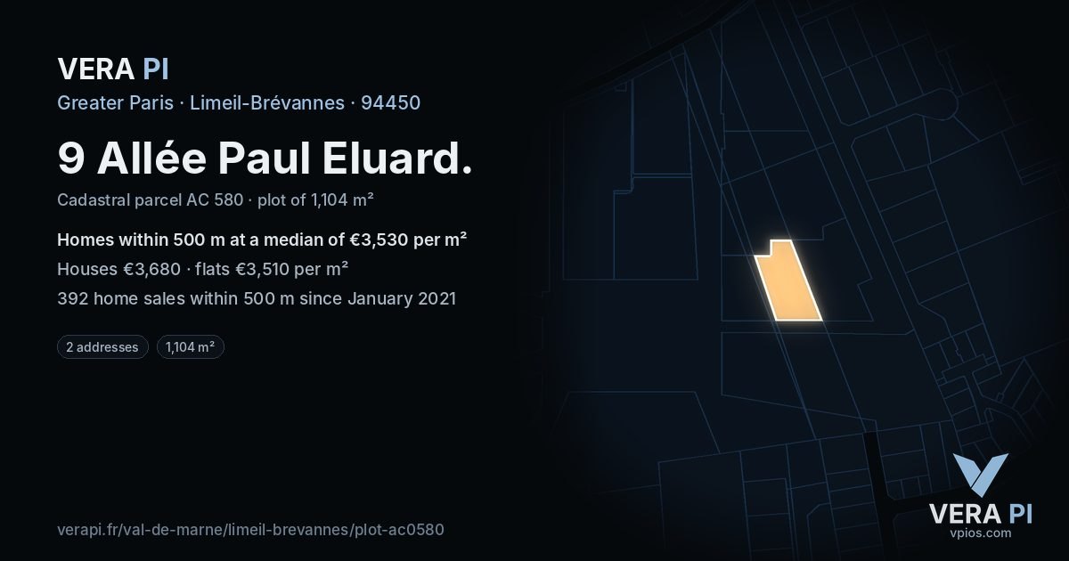 9 Allée Paul Eluard, Limeil-Brévannes at night – the plot lit, the parcels around coloured by the prices near them