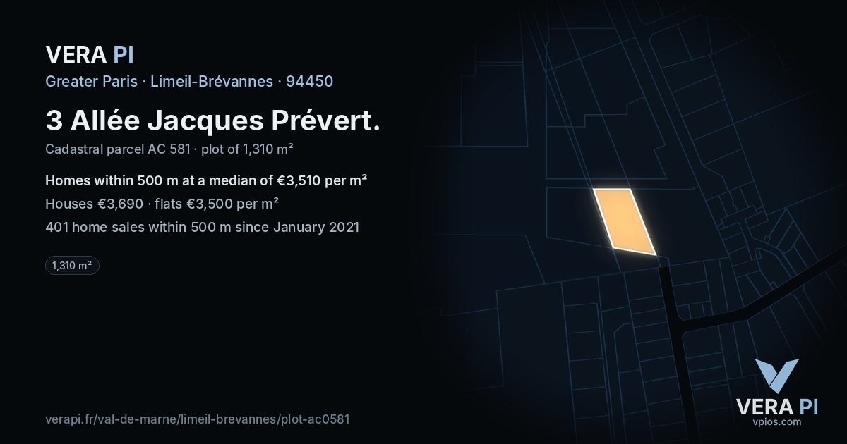 3 Allée Jacques Prévert, Limeil-Brévannes at night – the plot lit, the parcels around coloured by the prices near them