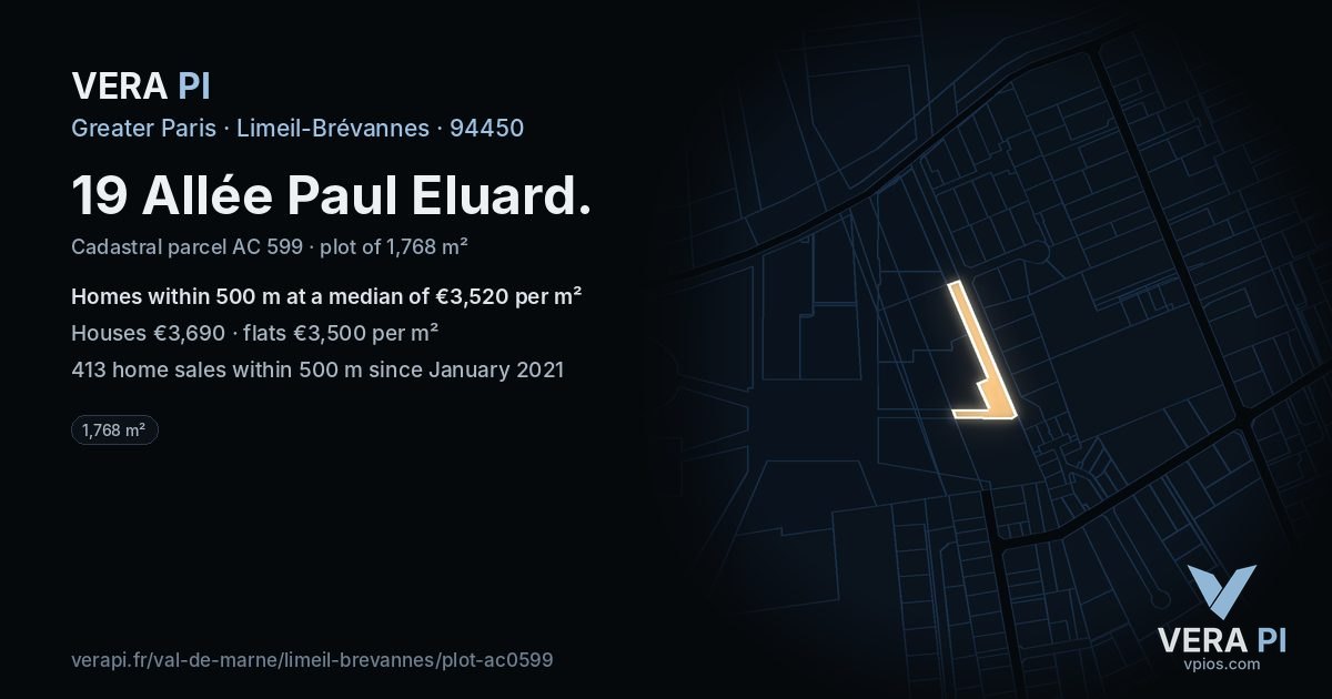 19 Allée Paul Eluard, Limeil-Brévannes at night – the plot lit, the parcels around coloured by the prices near them