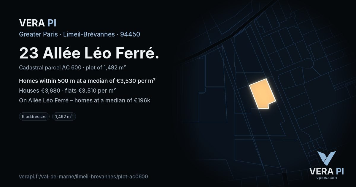 23 Allée Léo Ferré, Limeil-Brévannes at night – the plot lit, the parcels around coloured by the prices near them