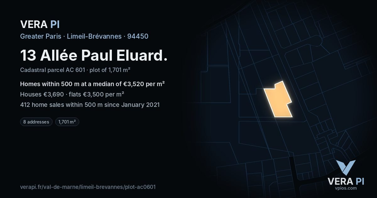 13 Allée Paul Eluard, Limeil-Brévannes at night – the plot lit, the parcels around coloured by the prices near them