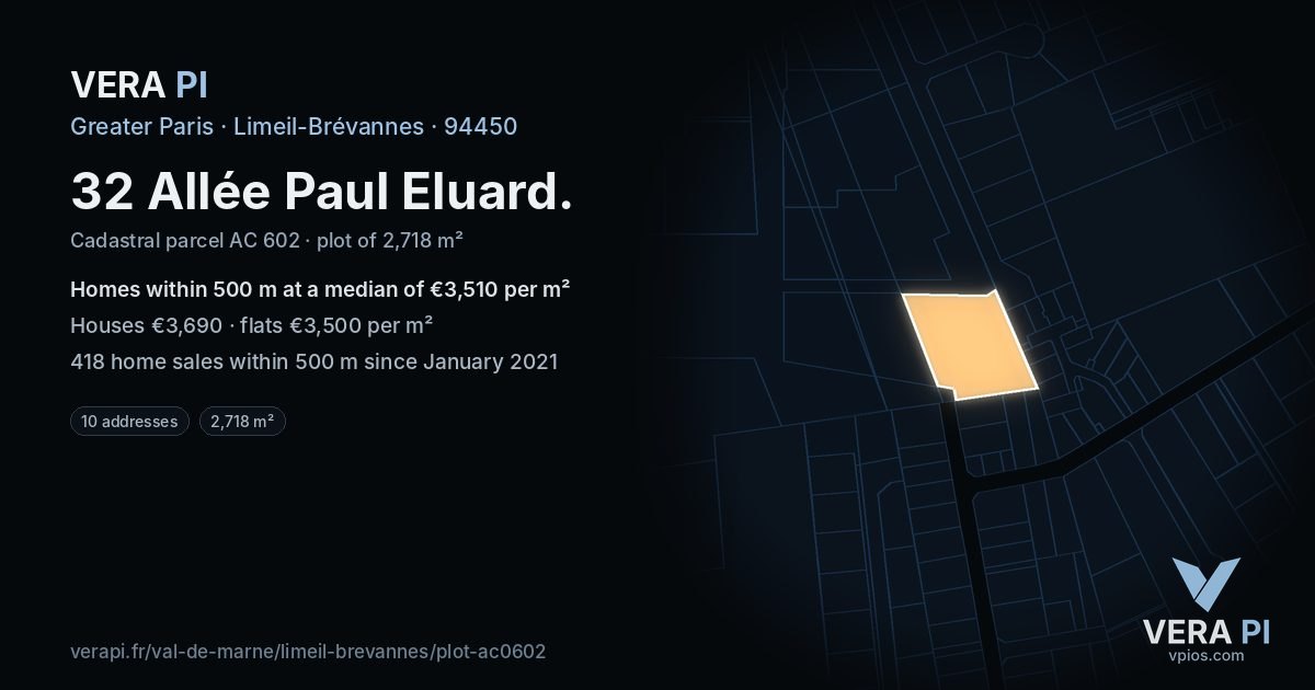 32 Allée Paul Eluard, Limeil-Brévannes at night – the plot lit, the parcels around coloured by the prices near them