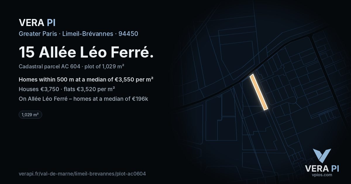 15 Allée Léo Ferré, Limeil-Brévannes at night – the plot lit, the parcels around coloured by the prices near them