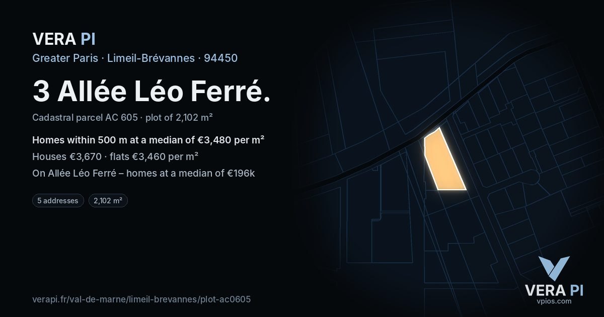 3 Allée Léo Ferré, Limeil-Brévannes at night – the plot lit, the parcels around coloured by the prices near them
