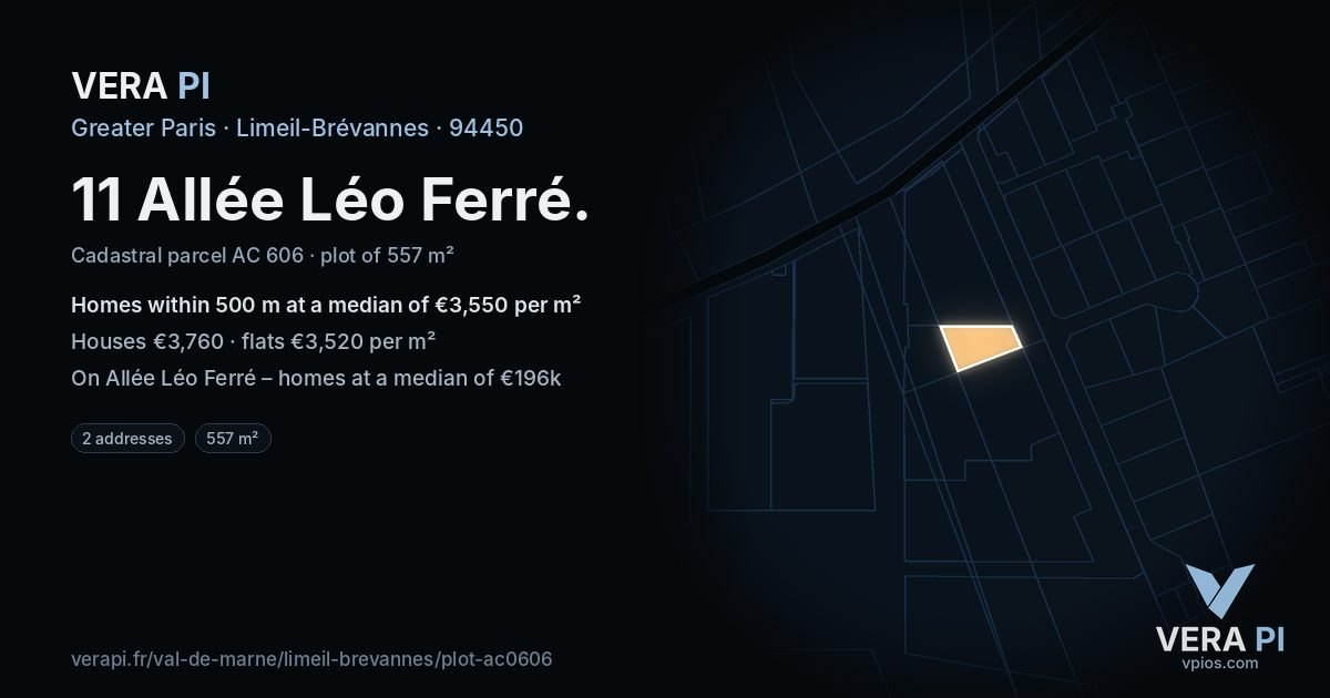 11 Allée Léo Ferré, Limeil-Brévannes at night – the plot lit, the parcels around coloured by the prices near them
