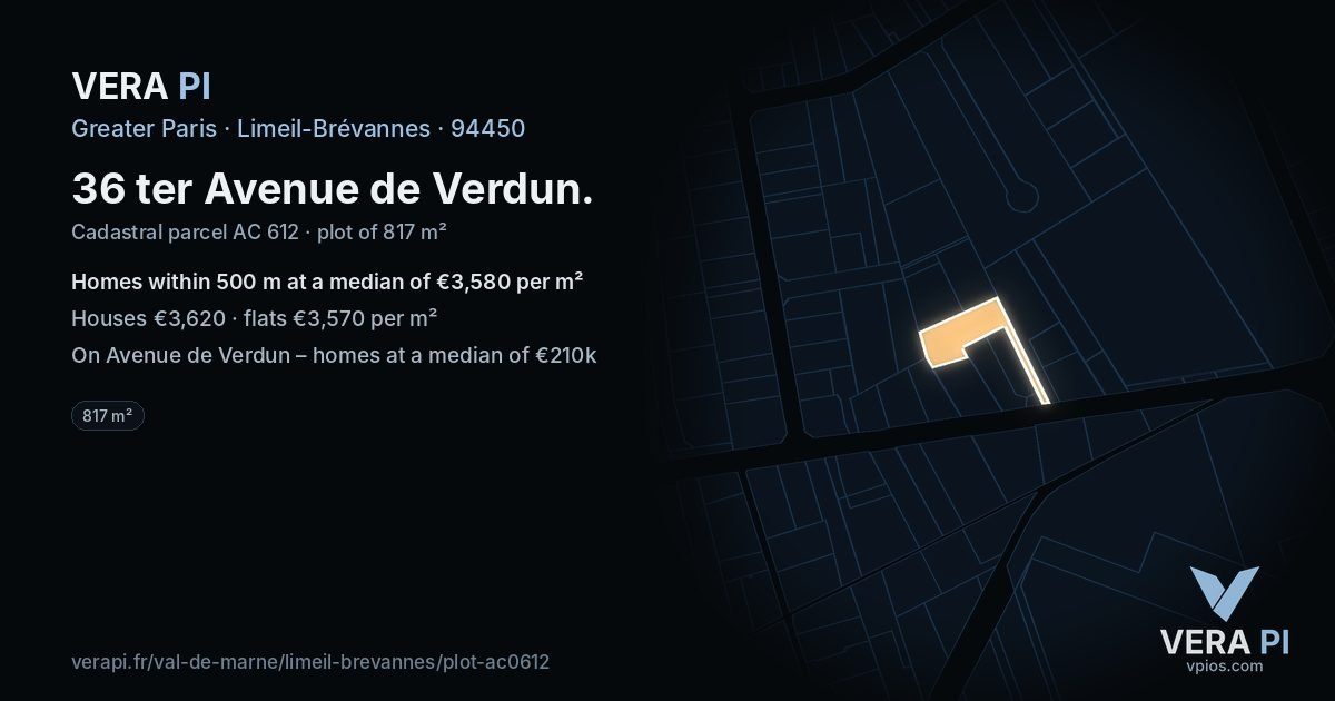 36 ter Avenue de Verdun, Limeil-Brévannes at night – the plot lit, the parcels around coloured by the prices near them