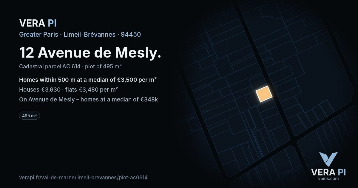 12 Avenue de Mesly, Limeil-Brévannes at night – the plot lit, the parcels around coloured by the prices near them