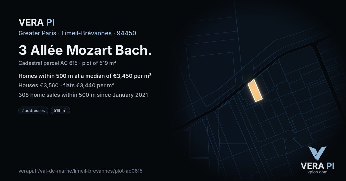 3 Allée Mozart Bach, Limeil-Brévannes at night – the plot lit, the parcels around coloured by the prices near them