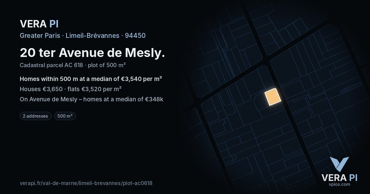 20 ter Avenue de Mesly, Limeil-Brévannes at night – the plot lit, the parcels around coloured by the prices near them