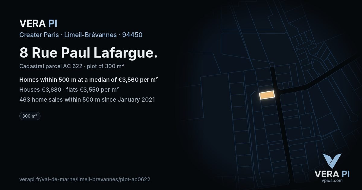 8 Rue Paul Lafargue, Limeil-Brévannes at night – the plot lit, the parcels around coloured by the prices near them